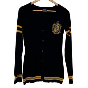 Harry Potter Hufflepuff Women Cardigan S Black Yellow Crest Button Up Sweater